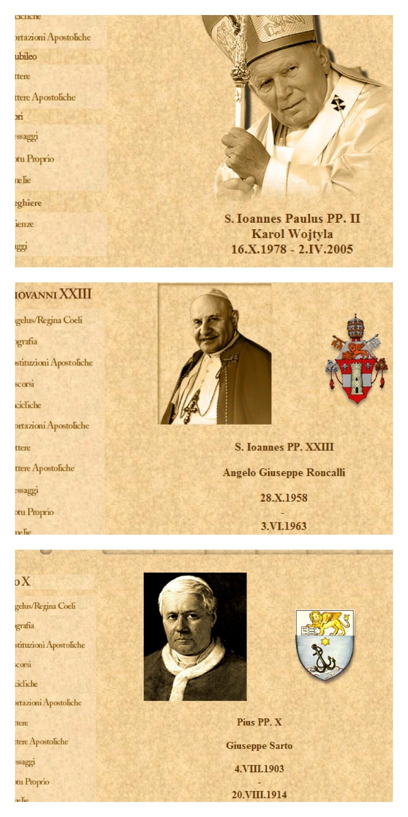 Jean-Paul II, Paul VI et Saint Pie X sur le site du Saint-Siège